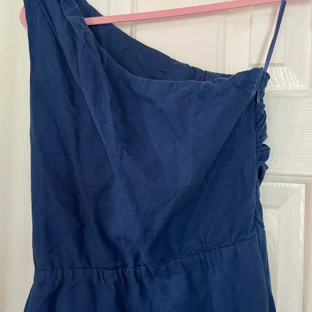 One-Shoulder Navy Blue Linen Dress - Picture 3 of 5